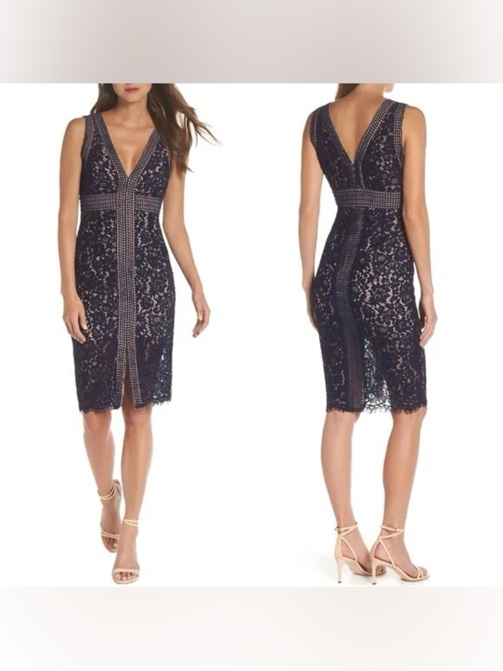 Bardot Morgan Navy Lace Front Slit Midi Cocktail Dress Nude Lining Size 6